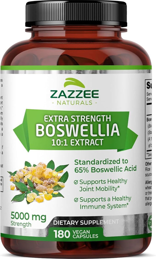 Zazzee Extra Strength Boswellia Serrata 10:1 Extract, 5000 mg Strength, 65% Boswellic Acid, 180 Vegan Capsules, 6 Month Supply, Standardized 10X High Potency, 100% Vegetarian, All-Natural, Non-GMO
