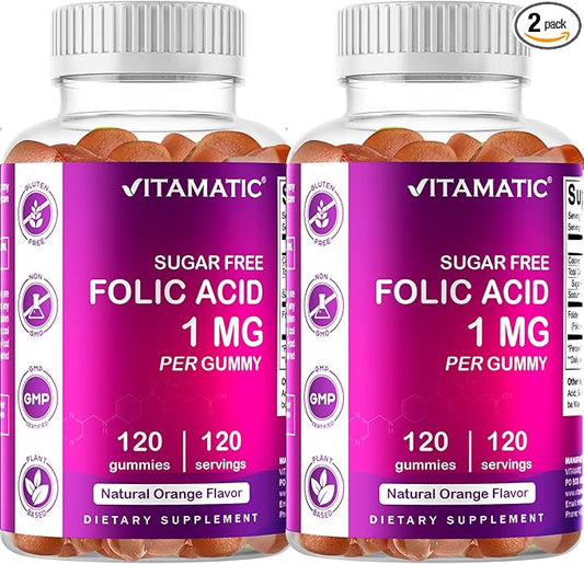 Vitamatic Folic Acid Gummies 1000 mcg (1 mg) – Essential Prenatal Vitamin B9 for Mom & Baby – 120 Vegan Gummies per Bottle – 2 Pack