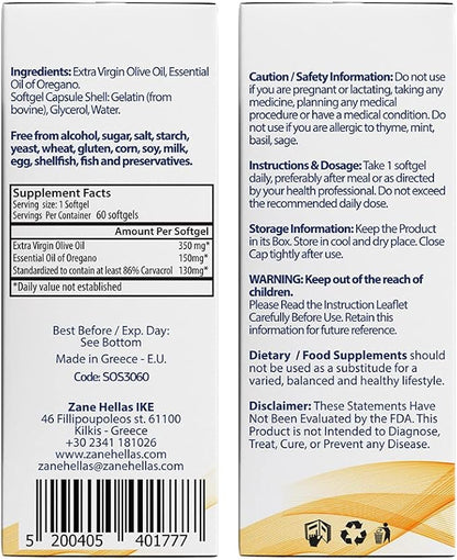 130 mg Carvacrol - 150 mg Oregano Oil per Softgel. World Highest Concentration Oregano Oil Capsule. Zane Hellas Oregano Oil. Softgel Contains 30% Greek Essential Oil of Oregano. 60 Softgels.