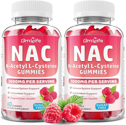 2 Pack NAC Gummies for Kids & Adults, 1000mg N Acetyl Cysteine Supplement NAC Chewable for Antioxidants & Immune Support, Liver Health, Raspberry Flavor, 120 Count
