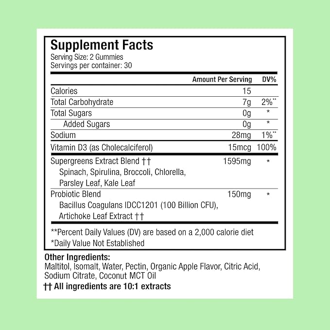 Plant People WonderGreens Veggie Gummies Super Greens with Probiotics Multivitamin Support Gummy for Wellbeing, Energy, Immune and Gut Health, Green Apple Flavor (60 Count)