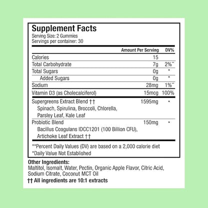 Plant People WonderGreens Veggie Gummies Super Greens with Probiotics Multivitamin Support Gummy for Wellbeing, Energy, Immune and Gut Health, Green Apple Flavor (60 Count)