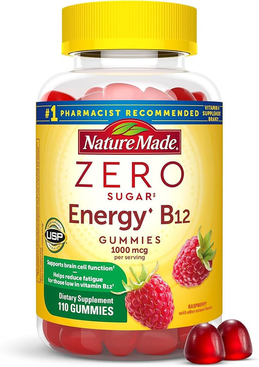 Nature Made Zero Sugar Energy Vitamin B12 Gummies 1000 mcg per Serving, B12 Vitamins, Energy Metabolism Support, Aspartame Free, 110 Sugar Free Gummies, 55 Day Supply