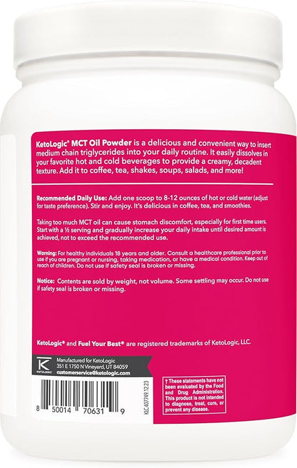 Ketologic MCT Oil Powder (1 LB) (Unflavored) - 45 Servings, Medium Chain Triglycerides Powder Supplement