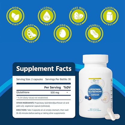 Core Med Science Liposomal Glutathione Supplement (500mg, 60 Capsules) - Pure Reduced Setria with Phospholipid Complex - Antioxidant Supplement for Energy, Brain Health, Skin & Liver Health