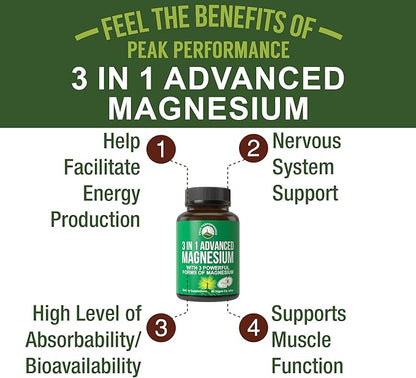 3 in 1 Advanced Magnesium Complex Vegan Capsules with Magnesium L-Threonate, Glycinate, and Taurinate. High Absorption and Bioavailability. 3 Top Magnesiums in One Supplement 90 Pills