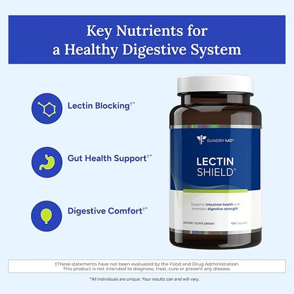 Gundry MD® Lectin Shield, Gut Health and Digestion Supplement, Helps Block Potentially Harmful Lectins, Supports Digestive Comfort, and Intestinal Health †*, 30 Day Supply