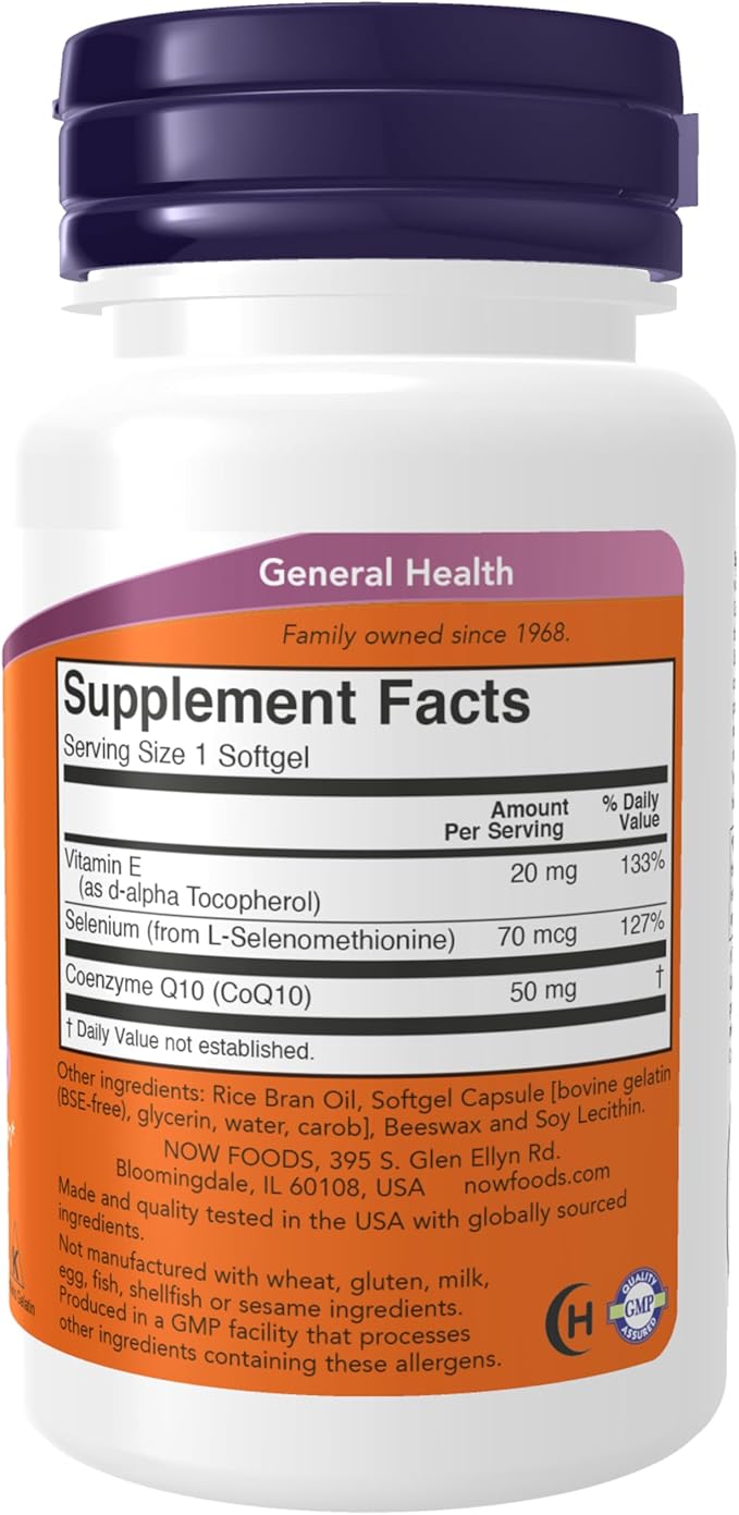 NOW Foods Supplements, CoQ10 50 mg, Pharmaceutical Grade, All-Trans Form produced by Fermentation, 50 Softgels