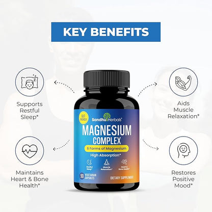 Magnesium Complex Supplement 90 Capsules 500mg | with Magnesium Glycinate, Lysinate Glycinate, Citrate, Oxide, Aspartate, Malate & Zinc | High Absorption Vegetarian Capsules | for Men and Women