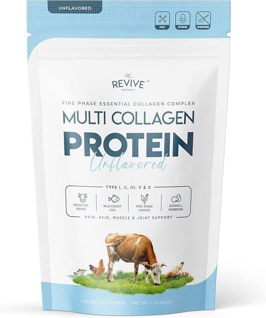 Multi Collagen Hydrolyzed Protein Powder (16oz) - Types I, II, III, V & X - Grass Fed Bovine (Peptan®), Wild Caught Marine, Free Roaming Chicken & Eggshell Collagen Peptides, Non-GMO, GF.