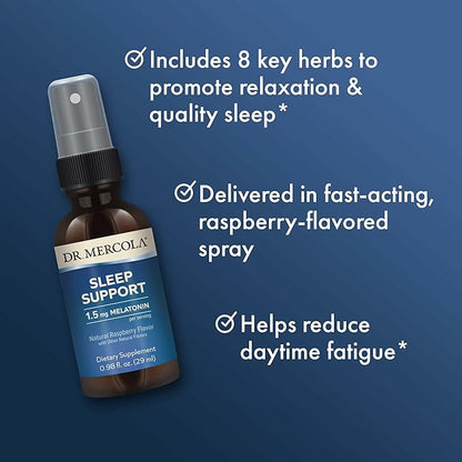 Dr. Mercola Sleep Support with Melatonin Spray - Supports Restful Sleep - Non-GMO, Gluten-Free & Soy-Free - Natural Raspberry Flavor - 0.98 fl oz (35 Servings)