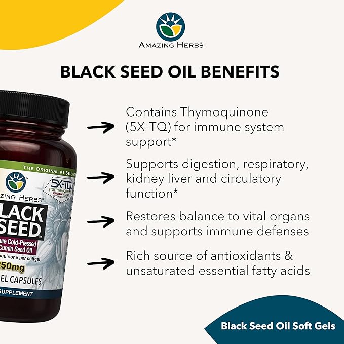 Amazing Herbs Premium Black Seed Oil Capsules - High Potency, Cold Pressed Nigella Sativa Aids in Digestive Health, Immune Support & Brain Function - 60 Count, 1250mg