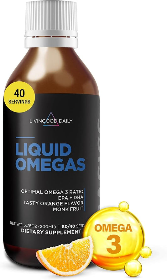 Livingood Daily Fish Oil Supplements with Omega 3 Fatty Acid, Liquid Omegas (200ml) - EPA & DHA Fish Oil Pills Support Heart & Joint Health - Promotes Healthy Digestion & Brain Function - Non-GMO