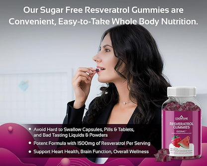 Resveratrol Gummies - Sugar Free Natural Raspberry Watermelon Flavor, 1500mg Resveratrol Supplement for Heart, Brain, Immune Support & Wellness, Powerful Antioxidant with Anti-Aging Benefits