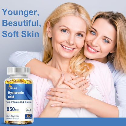Hyaluronic Acid Supplements 850mg with Biotin 5000mcg & Vitamin C 25mg High Absorption, Skin Hydration, Hair and Nails Health, Non-GMO, Gluten Free, 60 softgels