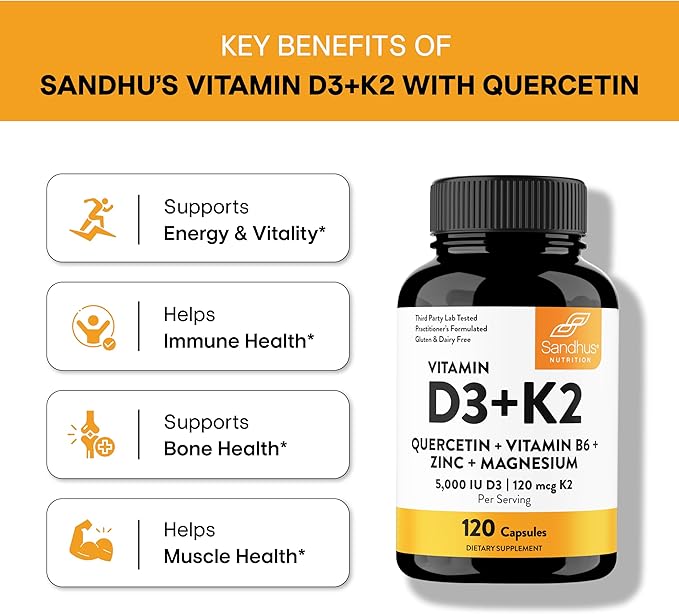 Vitamin D3 K2 5000 IU 120 Capsules (Pack of 2)| with Zinc, Magnesium & Quercetin | 5000IU of D3, 120mcg K2 | Superior Absorption, Supports Natural Energy, Immune, Bone & Muscle Health for Men & Women