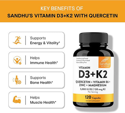 Vitamin D3 K2 5000 IU 120 Capsules (Pack of 2)| with Zinc, Magnesium & Quercetin | 5000IU of D3, 120mcg K2 | Superior Absorption, Supports Natural Energy, Immune, Bone & Muscle Health for Men & Women
