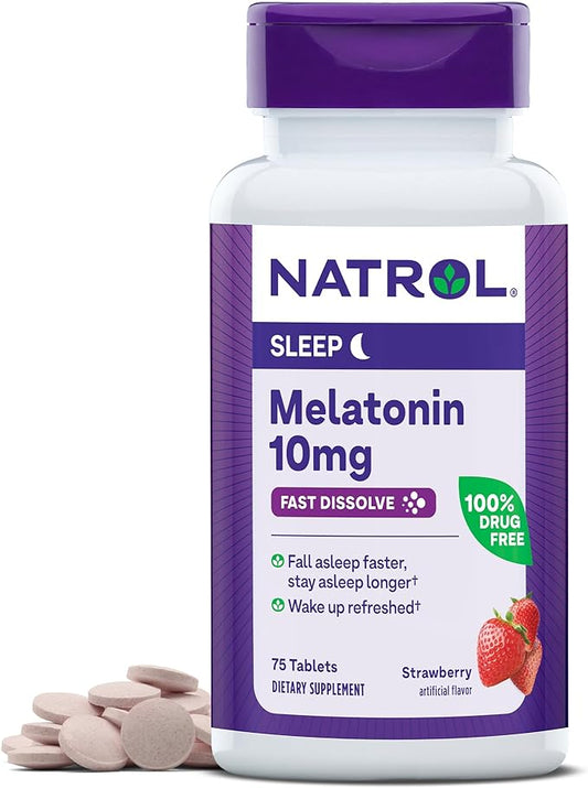 Natrol Fast Dissolve Melatonin 10 mg, Melatonin Supplements for Restful Sleep, Sleep Support for Adults, 75 Strawberry-Flavored Tablets, Up to a 75 Day Supply