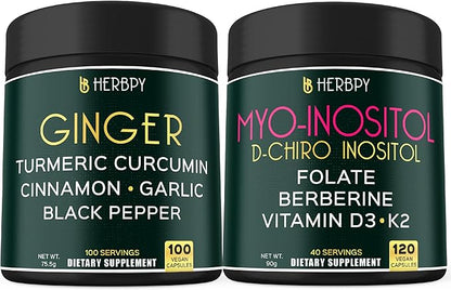 Bundle 5in1 Ginger Supplement 100 Count & 6in1 Myo-inositol & D-Chiro Inositol Supplement for Women 120 Count - Support Digestion, Immune, Heart & Overall Health