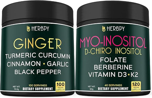 Bundle 5in1 Ginger Supplement 100 Count & 6in1 Myo-inositol & D-Chiro Inositol Supplement for Women 120 Count - Support Digestion, Immune, Heart & Overall Health