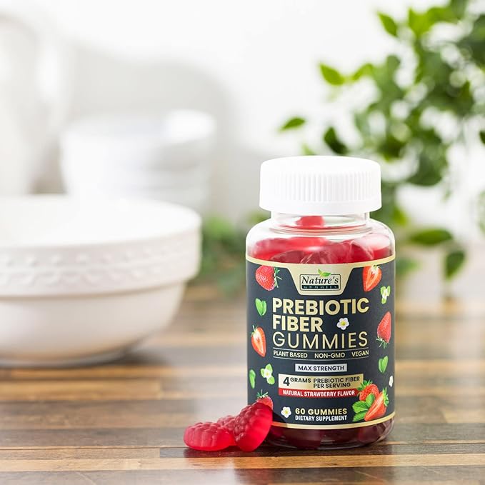 Fiber Supplement Gummies for Digestive Health & Regularity Support, Fiber 4g Gummy for Adults, Daily Prebiotic Supplements, Natural Prebiotic Fiber Gummy, Plant Based, Strawberry Flavored - 60 Gummies