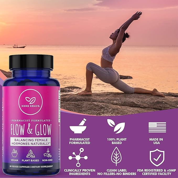 Flow and Glow Natural Hormone Balance for Women - PMS & Menopause Relief for Cramps, Mood Swings & Night Sweats with Donq Quai & Black Cohosh for Menopause - 60 Vegan Capsules (1 Pack)
