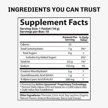 Aurora Nutrascience Liposomal Creatine + GAA & R-ALA Lemon Lime Powder Drink Mix, Increased Energy, Supports Exercise Performance & Muscle Growth, 10 Packets