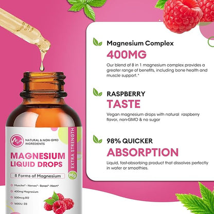 (3 Pack) Magnesium Liquid - 8 in 1 Magnesium Complex Drops with Magnesium Glycinate,Citrate,Malate,Taurate,Magnesium Complex Supplement for Brain,Night,Muscle,Bone,Cramps, Raspberry Flavor