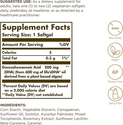 Solgar Vegetarian DHA 200 mg - 50 Vegetarian Softgels - Naturally Sourced Omega-3 - Vegan, Gluten Free, Dairy Free - 50 Servings