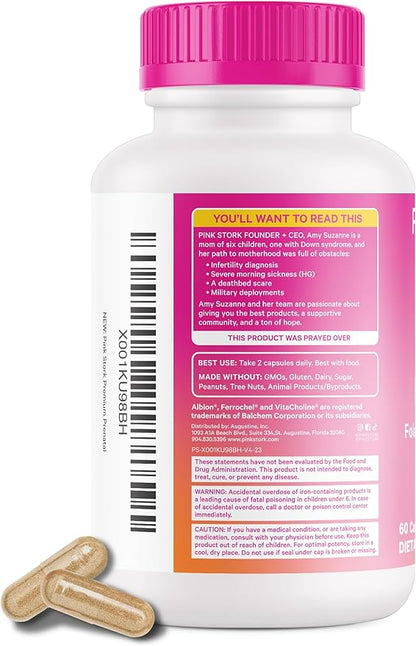Pink Stork Premium Prenatal Vitamin for Women - Multivitamin & Probiotics - Morning Sickness, Digestion, & Energy - Folate, B6, & Iron - 60 Capsules - 2 Pack