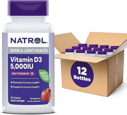 Natrol Vitamin D3 Fast Dissolve Tablets, Dietary Supplement, Bone & Joint Health, Support Your Immune Health, 5000 IU, 90 Count (Pack of 12)