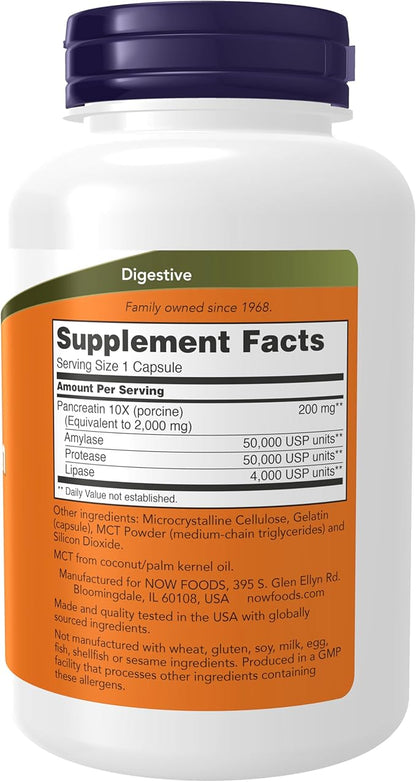 NOW Foods Supplements, Pancreatin 2000 with naturally occurring Protease (Protein Digesting), Amylase (Carbohydrate Digesting), and Lipase (Fat Digesting) Enzymes, 250 Capsules