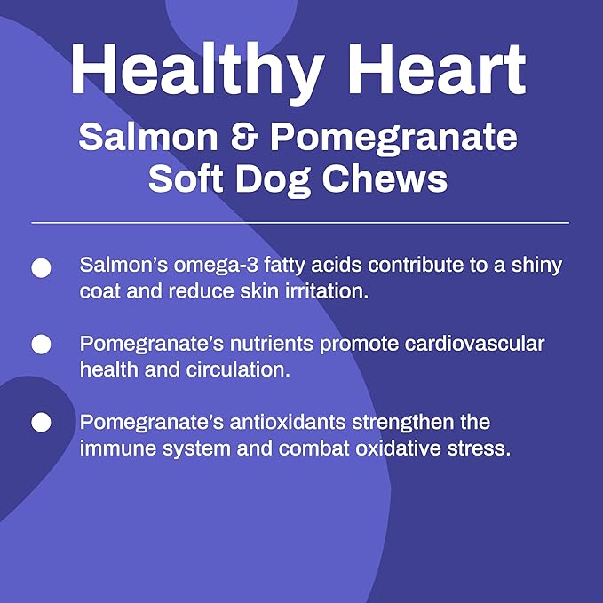 Heart Supplements for Dogs Omega 3 Chewable EPA DHA Dog Health Supplement with Salmon Oil, Pomegranate and CoQ10, 60 Chews