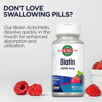 KAL 5000 Mcg Biotin Tablets, Mixed Berry, 100 Count