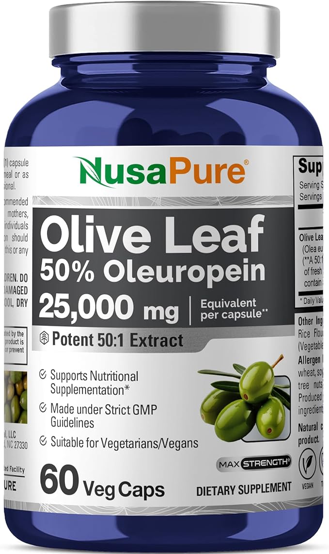 NusaPure Olive Leaf 50:1 Extract, 500 mg Equivalent to 25,000mg - 50% Oleuropein Vegan/Vegetarian - Super Strength No Oil 60 Capsules