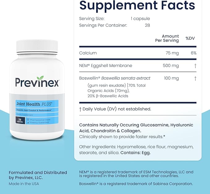 Joint Support Supplement with Natural Eggshell Membrane, Glucosamine Chondroitin, Collagen, Hyaluronic Acid, and Boswellia for Joint Health, Flexibility, and Mobility - 4-Week Supply