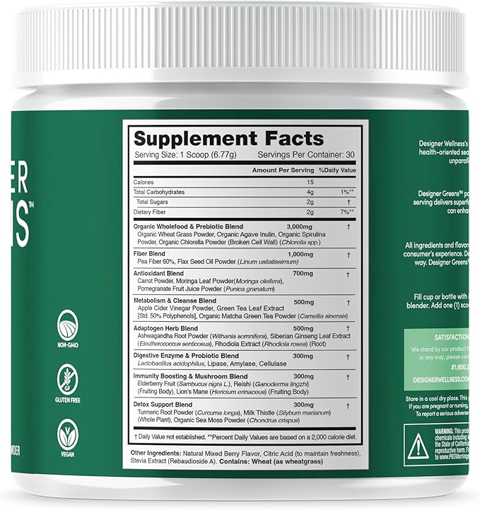 Designer Wellness, Designer Greens Superfood Powder with Prebiotics, Probiotics, Antioxidants, and Detox Support, 30 Servings