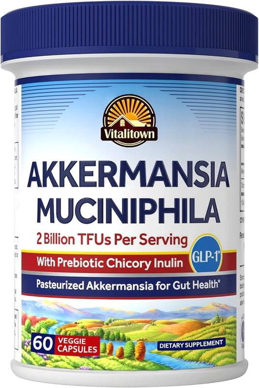 Vitalitown Akkermansia Probiotic GLP-1 with Chicory Inulin | 2 Billion TFU | Akkermansia Muciniphila Probiotics for Men & Women | Gut Health | Digestion | Non-GMO | 60 Veg Caps