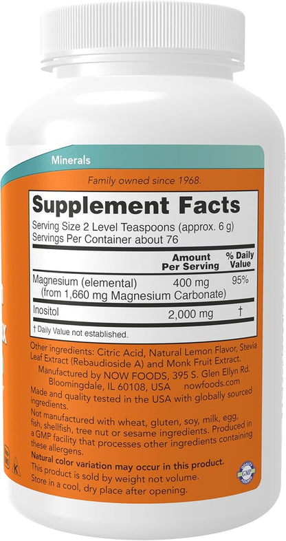 NOW Foods Supplements,powder Magnesium Inositol Relax, Nervous System Support*, Fizzy Lemonade Flavor, 16-Ounce