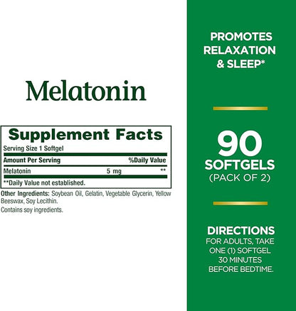 Nature's Bounty Melatonin, 100% Drug Free Sleep Aid, Dietary Supplement, Promotes Relaxation and Sleep Health, 5mg, 90 Softgels (Pack of 2)