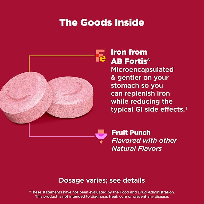 OLLY Delightful Iron Chewable Tablet, Iron Supplement from AB Fortis, Fruit Punch Flavor, 30 or 20 Day Supply - 60 Count