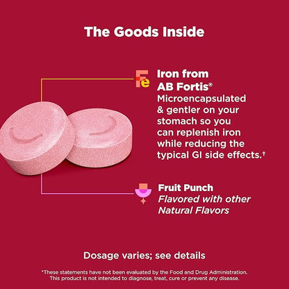 OLLY Delightful Iron Chewable Tablet, Iron Supplement from AB Fortis, Fruit Punch Flavor, 30 or 20 Day Supply - 60 Count