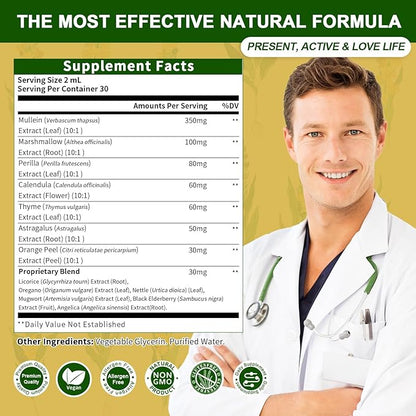 2 Pack Mullein Leaf Drops for Lungs - Mullein Leaf Extract & Marshmallow Root for Lung Cleanse & Detox - Mullein Tincture for Respiratory & Immune Support Herbal Supplement, 2 fl oz