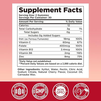 Iron Supplement for Women & Men - Iron Gummies with Vitamin B6, B12, C, Zinc, Folate for Adults & Kids - Support Iron Deficiency, Anemia, Energy Boost, Blood Builder - Sugar Free Vegan 60ct Cherry