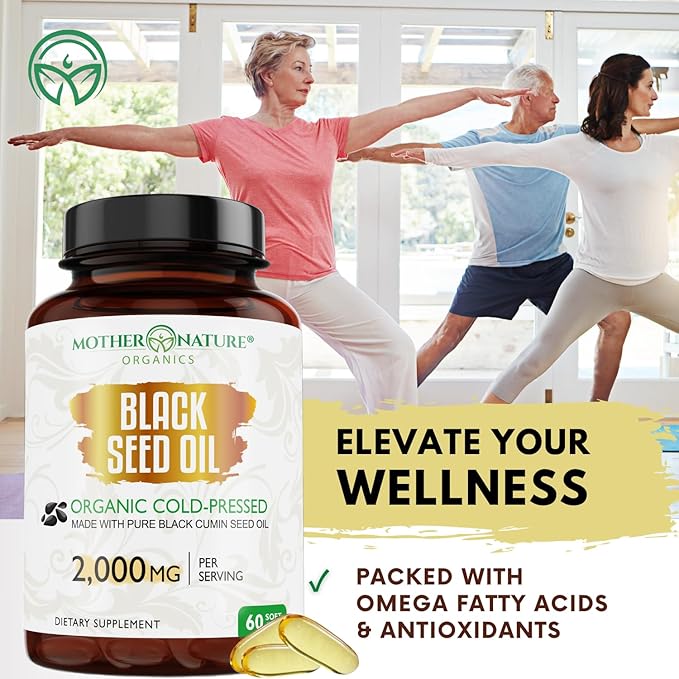 Organic Turkish Black Seed Oil Capsules, Premium Cold Pressed, High TQ, 1 Month Supply, Non-GMO Black Cumin Nigella Sativa Oil for Immune Support, Joint, Digestive Health, 1000mg per Capsule, 60ct