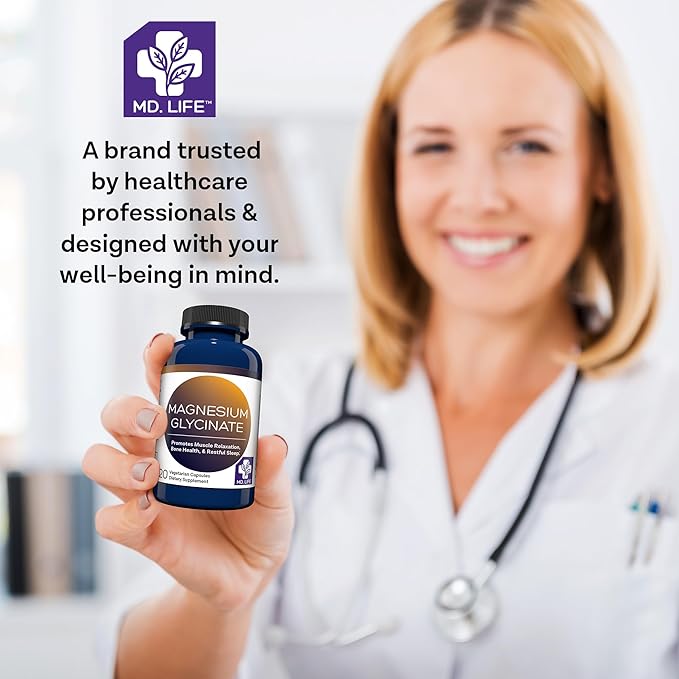 Md.Life Magnesium Glycinate Supplement - Easy to Swallow - 120 Count - Gluten Free Magnesium Glycinate Capsules for Sleep, Heart, and Muscle Health - Gentle on The Stomach & Highly Absorbable