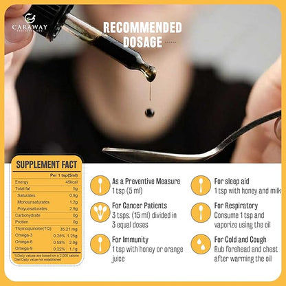 CARAWAY Black Cumin Seed Oil – Cold Pressed Black Seed Oil rich in Thymoquinone – Immunity Booster – Hair Care – Glass Bottle – 8 oz / 236 ml