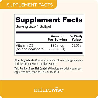NatureWise Vitamin D3 5000iu (125 mcg) 30-Day Supply for Immune Support, Healthy Muscle Function, and Bone Health - Non-GMO, Gluten Free in Organic Extra Virgin Olive Oil, (Mini Softgel), 30 Count
