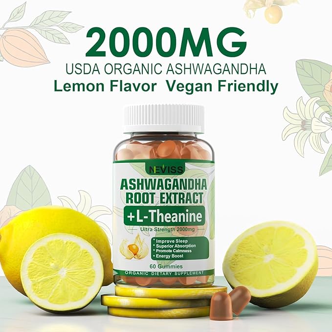 NEVISS Ashwagandha Gummies 2000mg, Feel Refreshed, Plus Proprietary Blend with L-Theanine, 5-HTP, Lemon Balm, Magnesium for Calm, Zzzs & Relaxation Support, 120 Count