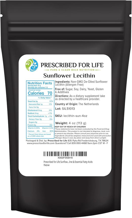 Prescribed For Life Sunflower Lecithin Powder, Unbleached, Gluten Free, Vegan, Non GMO, Soy Free, Kosher, Naturally Rich in Choline & Essential Fatty Acids (4oz / 113g)